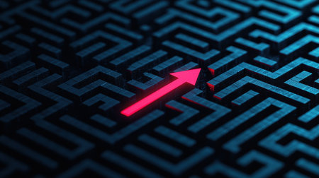 Abstract maze with illuminated path direction toward exit, showcasing problem-solving and decision-making concepts in vivid digital art designの素材