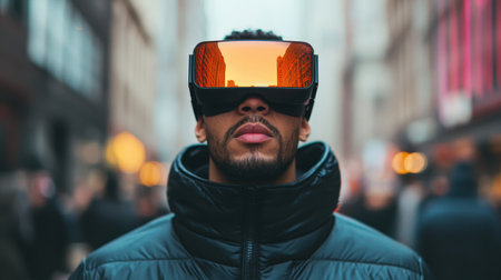 Young man wearing futuristic virtual reality goggles in a vibrant urban setting with blurred city background during a lively street atmosphereの素材