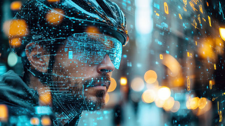 Futuristic Cyclist with Augmented Reality Glasses Surrounded by Digital Data Overlay in Urban Environmentの素材