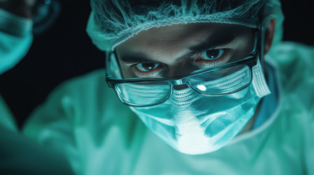Intense Surgical Focus: Close-Up of a Surgeon in Mask and Glasses Engaged in a Critical Medical Procedure with Dramatic Lighting Effectsの素材
