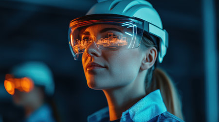 Focused female engineer wearing augmented reality headset in dark industrial environment, visualizing urban development and technology innovationsの素材