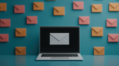 Modern workspace with laptop displaying email icon surrounded by colorful envelope backdrop, illustrating digital communication and messaging trendsの素材