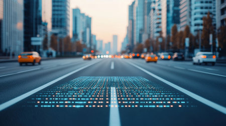 Futuristic City Street with Digital Overlay and Urban Skyline at Dusk, Showcasing Technology Integration in Transportation and Modern Lifeの素材