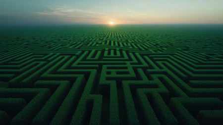 Aerial View of an Intricate Green Maze Under a Soft Sunrise with a Clear Sky and Gentle Light Illuminating the Pathways and Surroundingsの素材