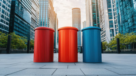 Brightly Colored Trash Bins in Urban Landscape Surrounded by Modern Skyscrapers at Sunrise with Clear Sky and Green Treesの素材
