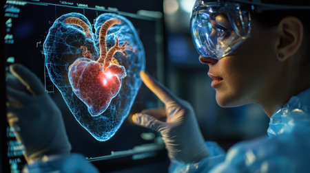 Female Scientist Analyzing Heart Health Data with Advanced Technology in a Laboratory Setting, Focusing on Cardiac Research and Innovations in Medicineの素材