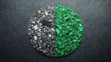 Circular Composition of Electronic Waste and Recycled Materials on a Dark Background, Symbolizing Environmental Impact and Sustainability Solutionsの素材