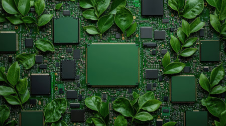 Green Electronic Circuit Board Surrounded by Fresh Leaves, Symbolizing Technology and Nature Interconnection in Modern Designの素材