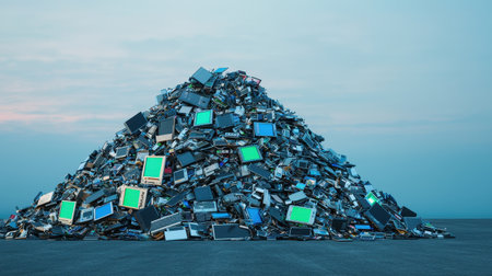 Pile of Electronic Waste in a Distant Landscape with Broken Monitors and Screens Under a Clear Blue Sky at Sunriseの素材