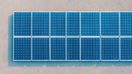 Aerial view of solar panels arranged in neat rows on a flat surface reflecting sunlight energy for sustainable and eco-friendly power generationの素材