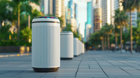 Modern Urban Waste Bin Installation in a City Landscape with High-Rise Buildings and Palm Trees under Bright Sunlightの素材