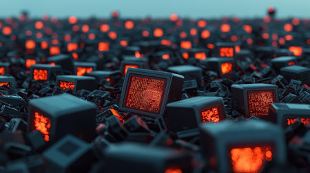 Futuristic landscape of outdated computer monitors surrounded by glowing lights illustrating technology decay, obsolescence, and digital disruption themeの素材