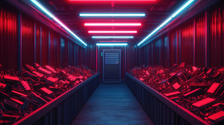 Futuristic corridor with neon lights illuminating a space filled with electronic devices and technology amidst a dark, moody atmosphereの素材