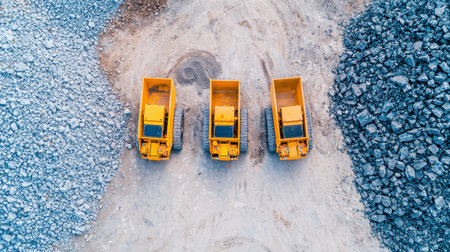 Aerial View of Three Yellow Dump Trucks on Construction Site Surrounded by Gravel and Rock Materials Ready for Transport and Site Developmentの素材