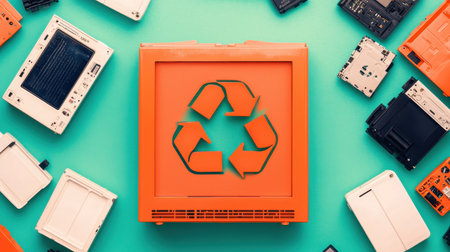 Orange Recycling Symbol Surrounded by Old Electronic Components on a Bright Turquoise Background for Environmental Awareness and Sustainability Themesの素材