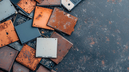 Collection of Rusty Old Computer Circuit Boards and Electronic Parts Displayed on a Surface in a Vintage Style, Ideal for Technology and Retro Themesの素材