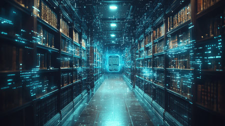 Futuristic Library with Holographic Technology and Digital Elements Showcasing Data and Knowledge Interaction in a Modern Environmentの素材