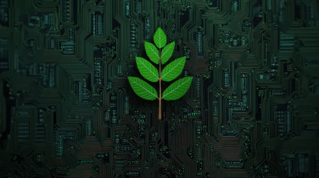 Green Leaf Growing from Circuit Board Representing Nature and Technology Integration in Sustainable Innovation and Ecological Developmentの素材