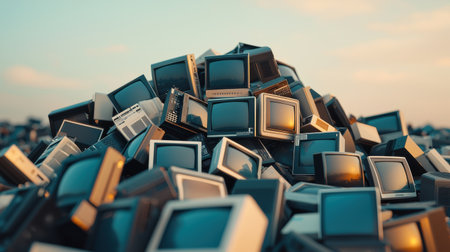 Pile of Vintage Television Sets Against a Sunset Sky Highlighting Obsolescence and Technology Evolution in Urban Landscapeの素材