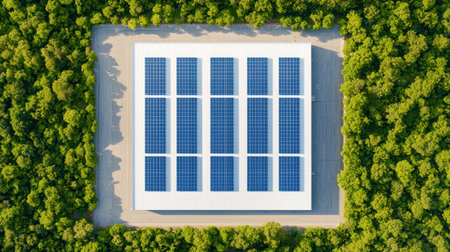 Aerial View of Solar Panels on Warehouse Surrounded by Lush Green Forest for Sustainable Energy Generation and Eco-Friendly Practicesの素材