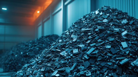 Industrial Scene of Electronic Waste Piles with Dim Lighting and Shadows Showing Discarded Technology in a Warehouse Environmentの素材
