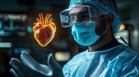 Medical professional in sterile attire examining a holographic heart model in a modern healthcare setting with advanced technology and glowing effectsの素材