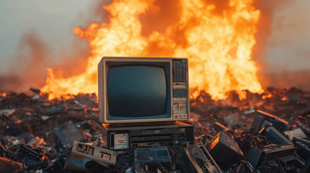 Abandoned Retro Television Set Amidst Fiery Background with E-Waste Pile, Symbolizing Technology Waste and Environmental Impact in Modern Societyの素材