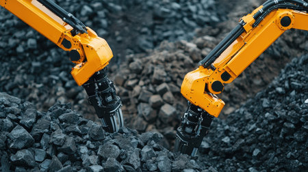 Robotic Arms Excavating Coal in a Mining Operation with Contrast of Black Rocks and Machinery in an Innovative and Technologically Advanced Environmentの素材