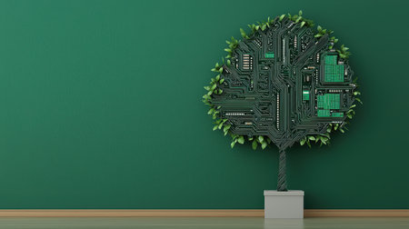 Tree Concept Merging Nature and Technology Featuring Circuit Board Design with Green Leaves on Solid Backgroundの素材