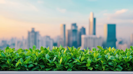 Lush Greenery on Rooftop Garden Overlooking City Skyline at Sunset, Urban Nature, Modern Architecture, Serenity, Vibrant Colors, Nature in Cityの素材