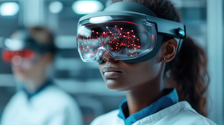 Young woman wearing advanced augmented reality headset in futuristic lab environment, demonstrating innovation and technology in digital explorationの素材