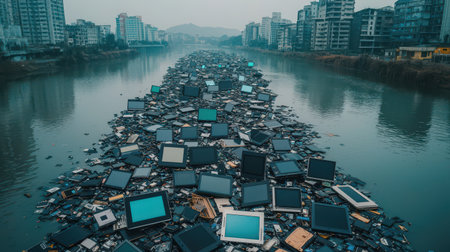 Electronic Waste Pollution: A River Covered with Discarded Monitors and Old Computer Parts in an Urban Landscapeの素材