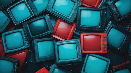 Vintage Television Sets in Retro Colors Piled Together Background Displaying Diverse Layout of Classic TVs, Displaying Unique Textures and Shapesの素材