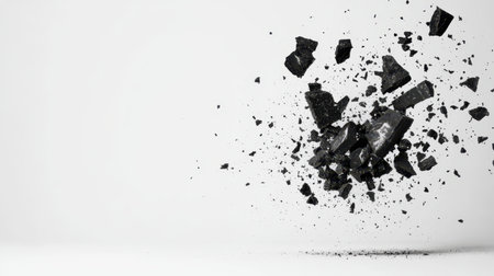 Abstract formation of black rocks bursting into pieces with dust and debris on a clean white background for artistic or design projectsの素材