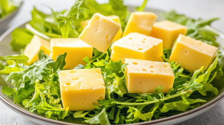 Fresh Green Arugula Salad with Cubes of Soft Yellow Cheese on Plate for Healthy Eating or Culinary Inspirationの素材