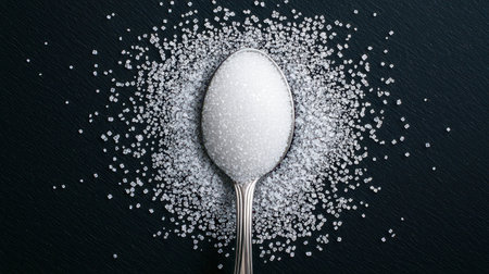 Close-up of a silver spoon filled with white sugar surrounded by granulated sugar on a dark background showcasing texture and contrast in food photographyの素材