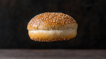 Floating Sesame Seed Bun Against Dark Background for Creative Food Photography and Culinary Illustrationsの素材