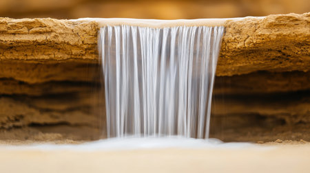 Cascading Waterfall Glimpsed Through Rocky Terrain, Showcasing Nature's Serenity with Gentle Flow and Earthy Tones of Sandstone and Waterの素材