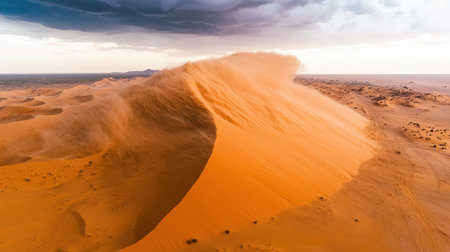 Majestic Sand Dune in Desert Landscape with Dramatic Cloud Cover and Wind Blowing Sand in an Arid Environment during Golden Hourの素材