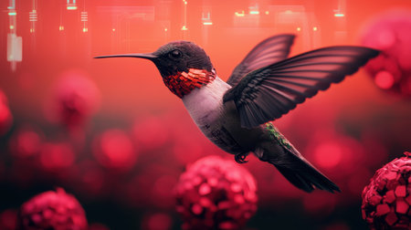 Vibrant Hummingbird in Flight Surrounded by Red Blossoms and Digital Elements Illustrating Nature and Technology Harmonyの素材