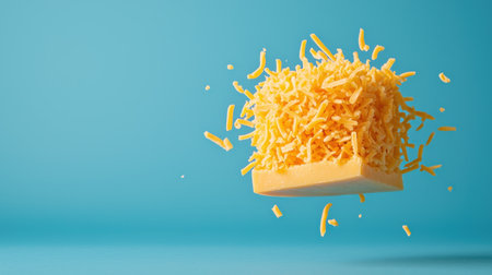 Grated Yellow Cheese Flying in Mid-Air Against a Blue Background Creating a Vivid and Playful Culinary Scene for Food-Related Conceptsの素材