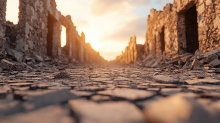 Abandoned Stone Ruins Under Warm Sunset Light with Dramatic Clouds and Shattered Ground Creating a Haunting Landscape Sceneの素材