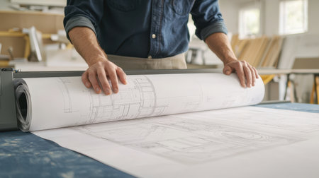 Architectural Blueprint Review with Focused Hands on Plan in Modern Workspace Environmentの素材