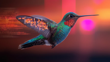 Colorful hummingbird in flight showcasing vibrant feathers with abstract data elements representing technology and nature merging in digital art styleの素材