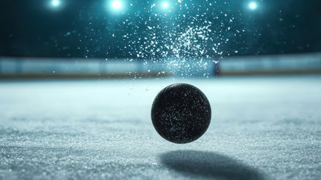 Dynamic and Exciting Close-Up of a Hockey Puck in Motion on the Ice with Spray of Ice Particles in a Dramatic Sports Environmentの素材