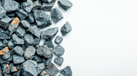 Variety of small grey rocks with orange flecks scattered on a white surface perfect for backgrounds, textures, or construction material useの素材