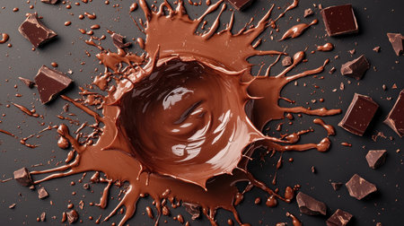 Dramatic Chocolate Splash and Melting Pieces Surrounding a Vibrant Brown Pool on a Dark Surface for Culinary and Dessert Creation Focusの素材