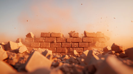 Dusty debris surrounds a broken brick wall at sunset, depicting destruction, decay, and the passage of time in an urban environmentの素材