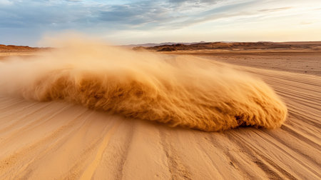 Sandy Dust Storm Rising from Desert Floor Under Dramatic Skies During Sunset, Capturing Nature's Powerful Dynamics in Arid Landscapeの素材