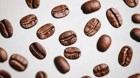 Freshly Roasted Coffee Beans Floating Above Light Background in Artistic Arrangement Ideal for Beverage and Culinary Related Projectsの素材